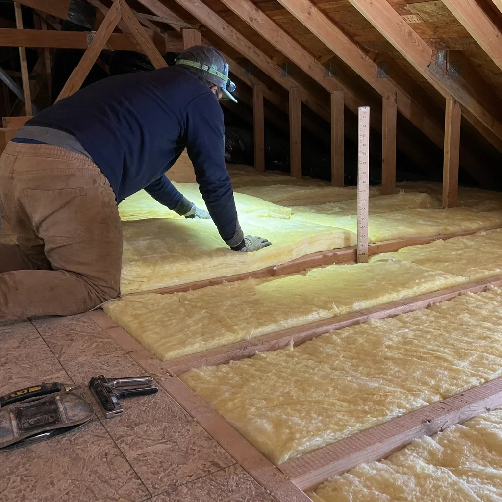 Contractor installing fiberglass insulation batts in an unfinished attic space.