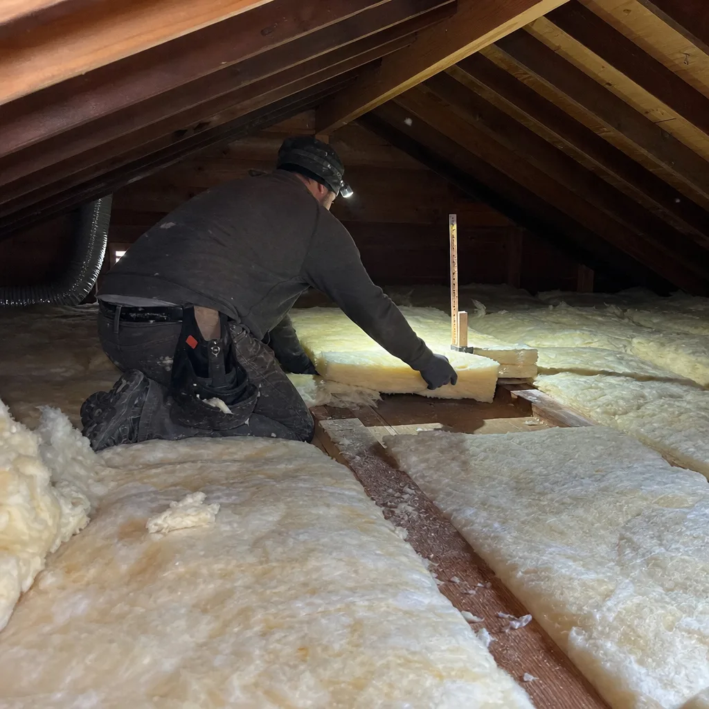 Professional contractor installing fiberglass attic insulation between roof rafters