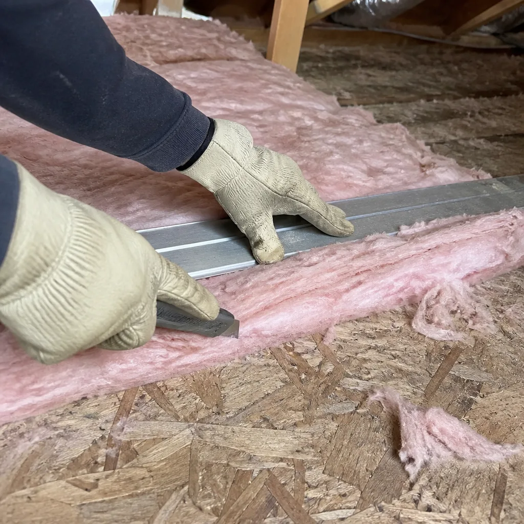 Contractor precision cutting pink fiberglass insulation in an attic