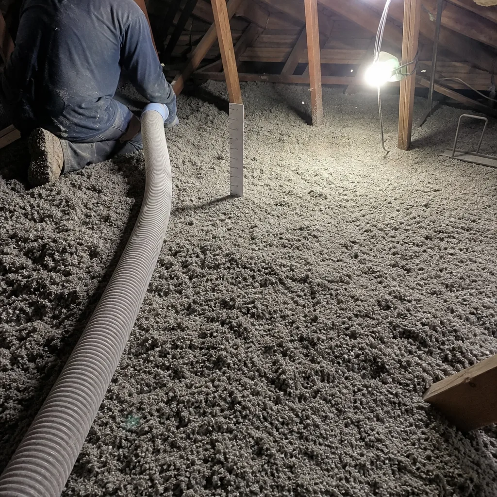 Technician installing blown-in cellulose insulation in a residential attic