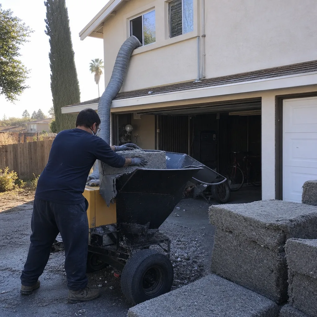 Worker using insulation blowing machine for home attic installation
