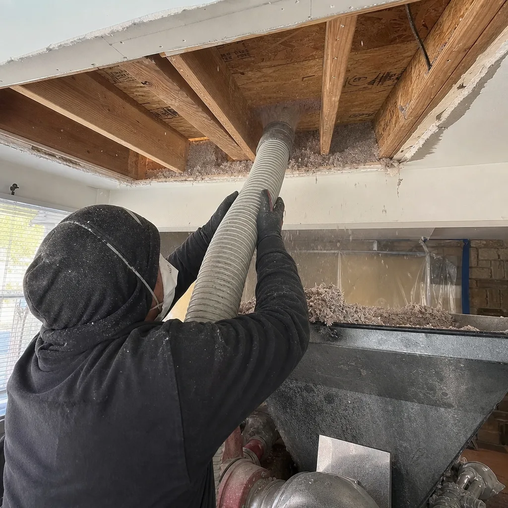 Professional contractor installing blown-in insulation into an open ceiling cavity.