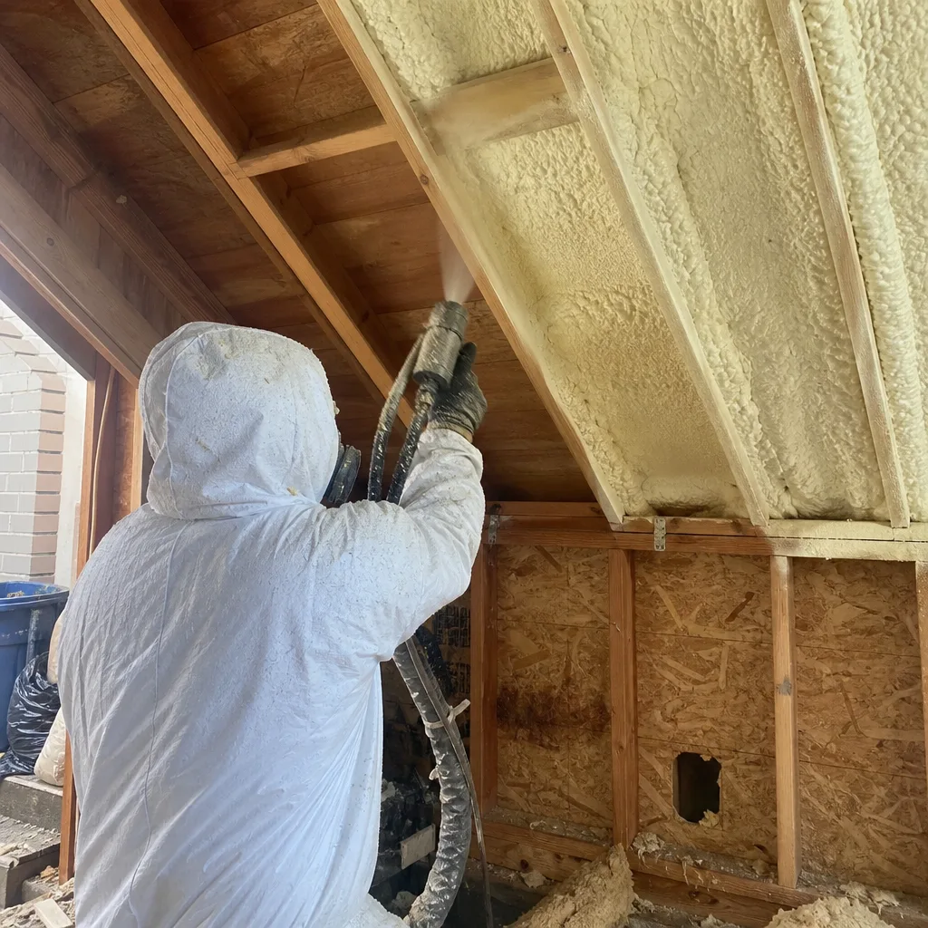 Contractor applying spray foam insulation to residential attic roof rafters