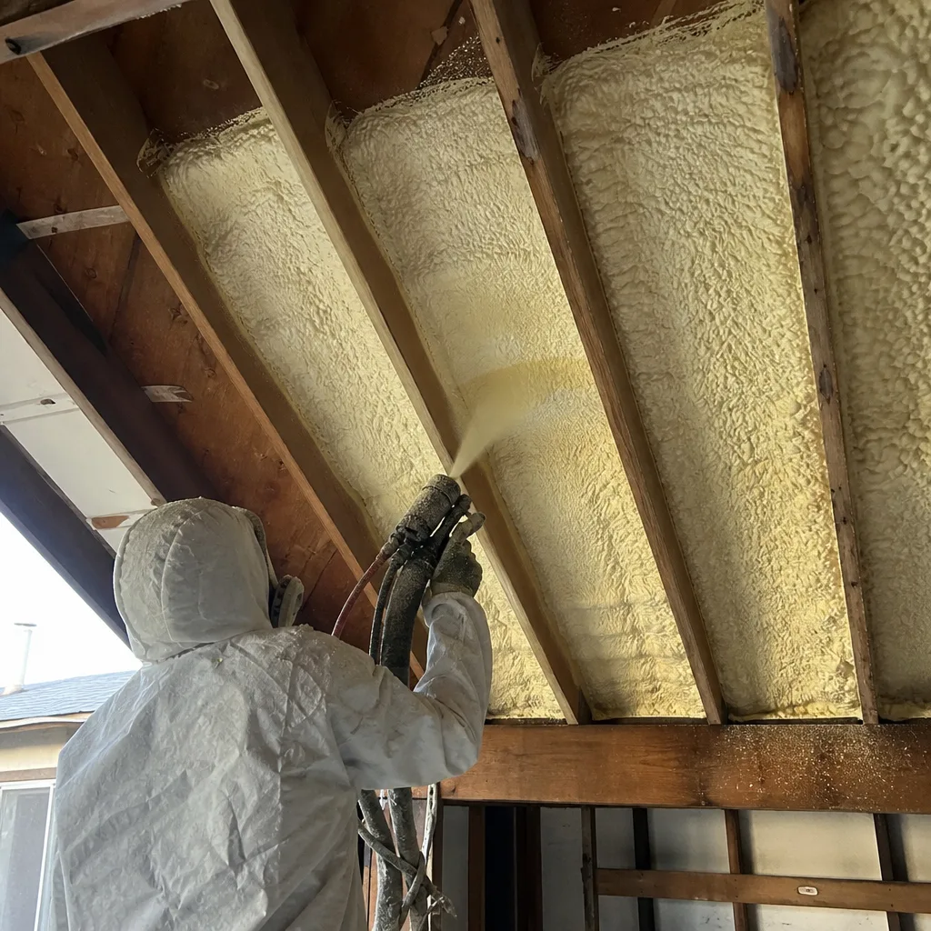 Professional contractor applying spray foam insulation to residential roof rafters