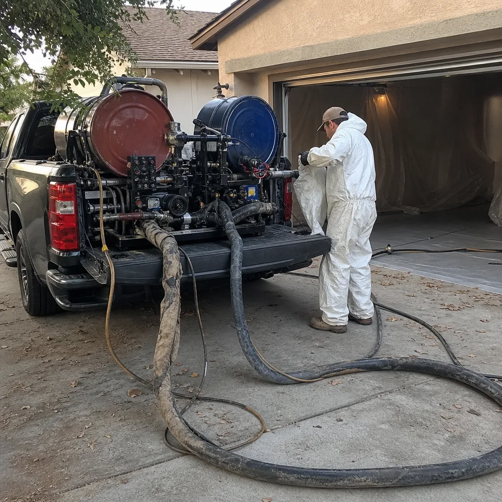 Professional contractor using spray foam insulation rig for residential project